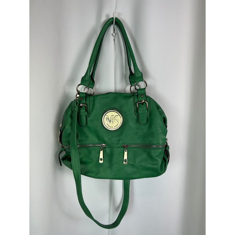 Michael Kors Green Pebbled Leather Satchel Crossbody Purse Gold MK Medallion Bag